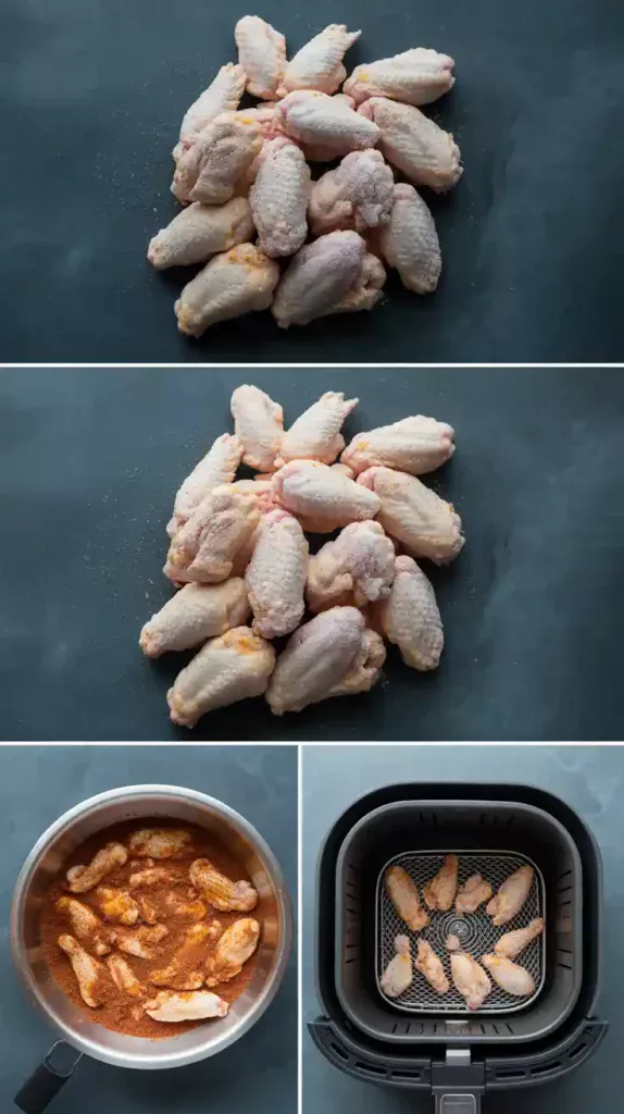 A collage showing the process of cooking frozen wings: the frozen block, the seasoning stage, and the wings in the air fryer basket.