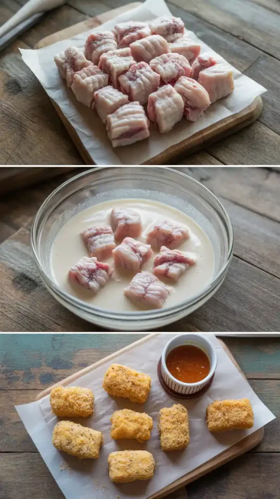 A collage showing the process of making gator bites: the raw meat, the marinating stage, and the final breaded pieces.