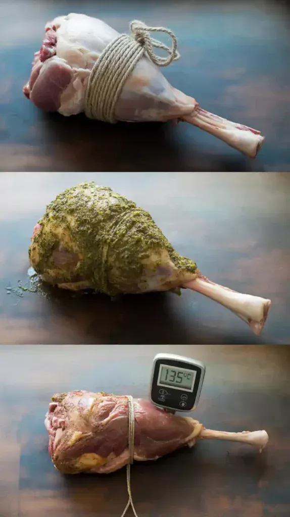 A collage showing the process of preparing a leg of lamb for the air fryer: tying it, rubbing it with herbs, and checking the temperature.