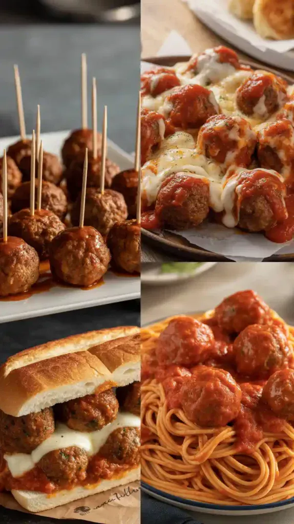A collage showing three ways to serve air fryer meatballs: as an appetizer, in a sub, and with spaghetti.