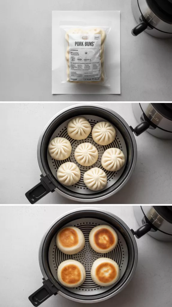 A collage showing the process of cooking frozen pork buns: the frozen buns, them arranged in the air fryer, and the final cooked product.