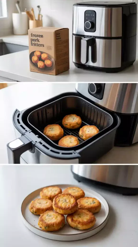 A collage showing the process of cooking frozen pork fritters: the box, the frozen fritters in the air fryer, and the final cooked product.