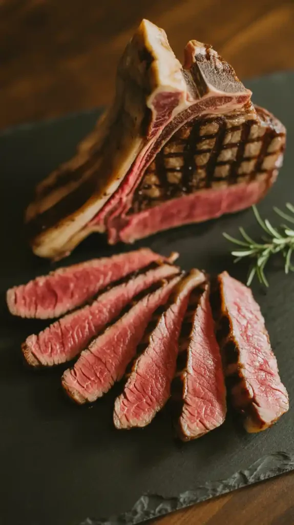 A whole, perfectly cooked porterhouse steak with a golden-brown crust, resting on a cutting board with melting herb butter." and "A close-up of a carved porterhouse steak, showing slices of both the strip and filet with a perfect medium-rare center."