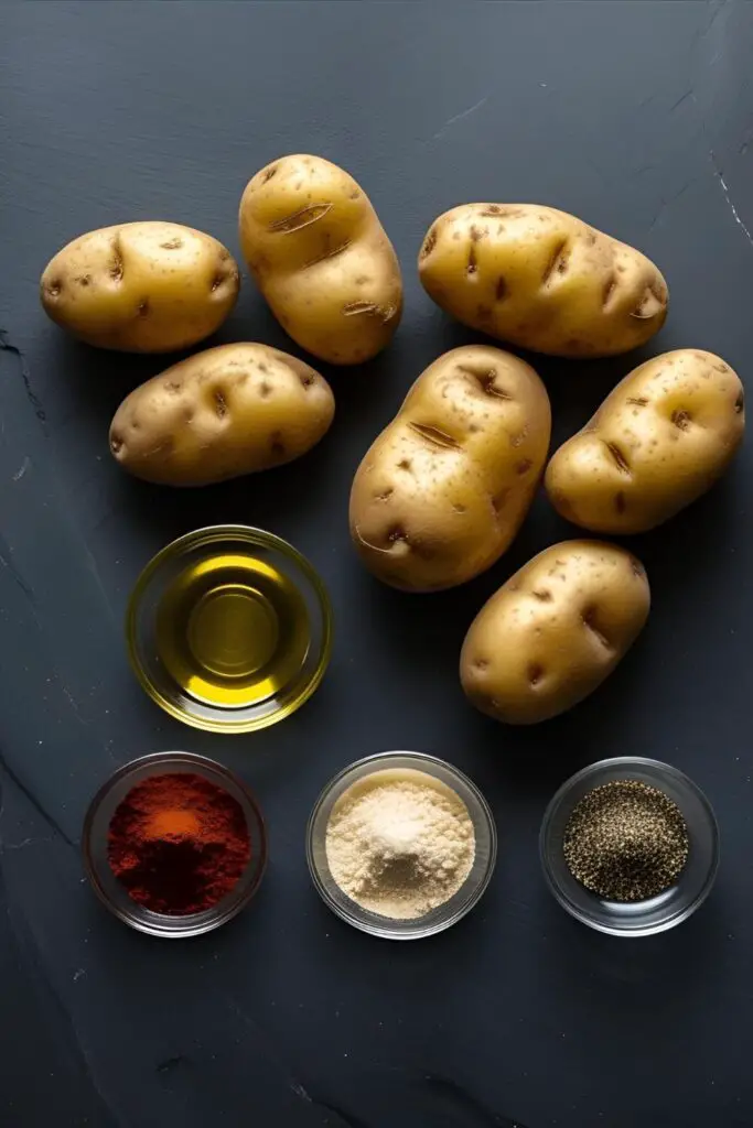A flat lay image showing the ingredients for air fryer potatoes: whole potatoes, olive oil, paprika, garlic powder, and pepper.