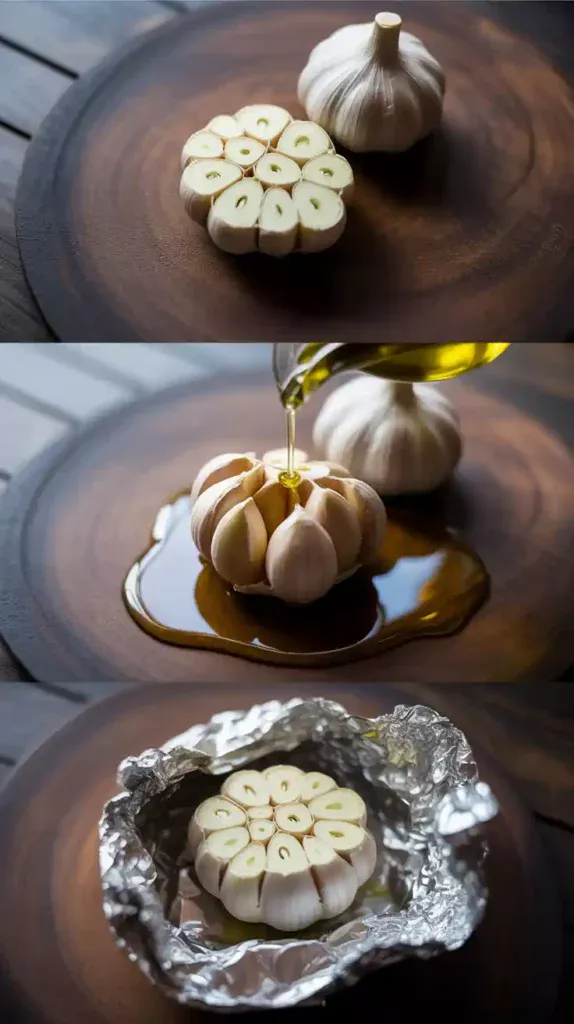 A collage showing the three steps to prepare garlic for air frying: slicing the top, drizzling with oil, and wrapping in foil.