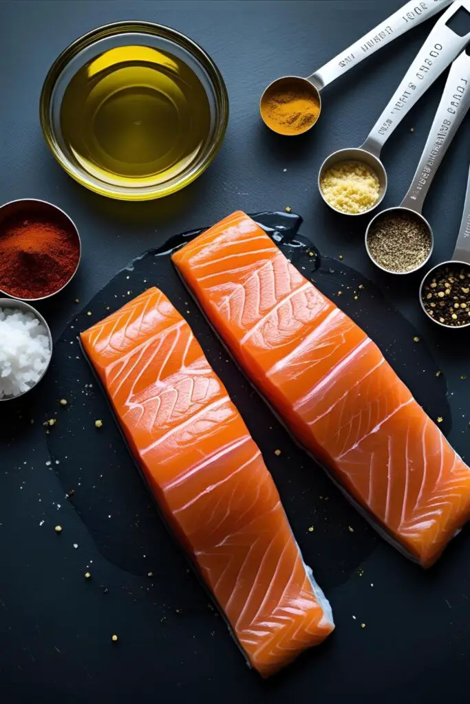 A collage of ingredients for an air fryer salmon recipe, including fresh salmon fillets, olive oil, and spices on a slate background.