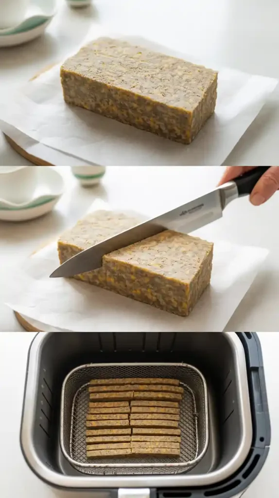  A collage showing the steps to prepare scrapple for the air fryer: the whole block, slicing it, and placing the slices in the basket.
