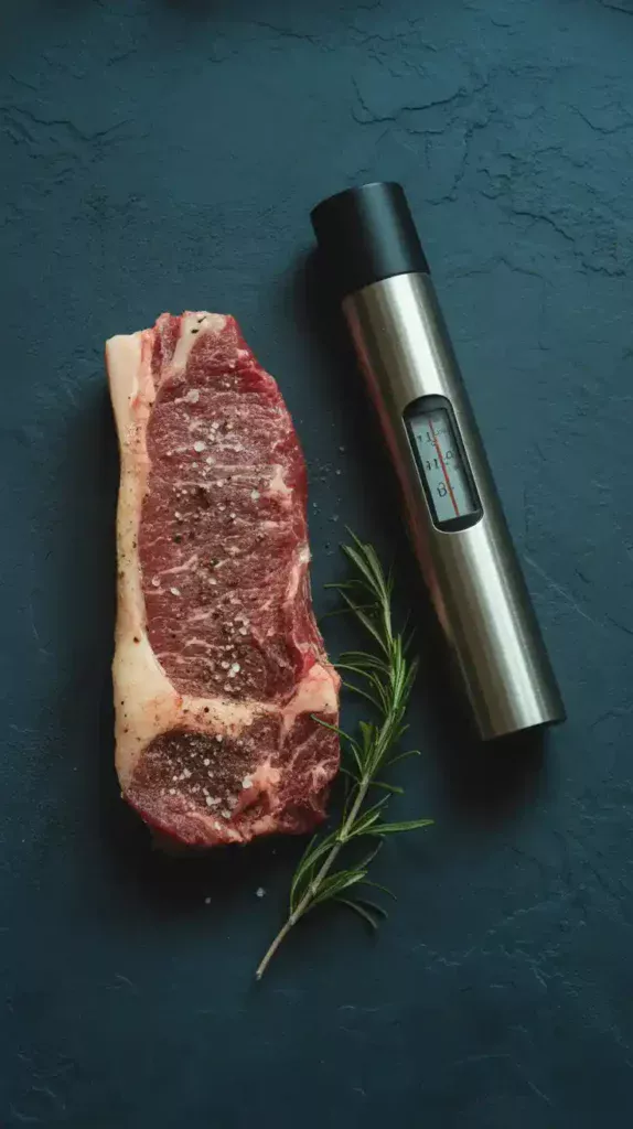 A flat lay image showing a raw seasoned steak, an instant-read meat thermometer, and a sprig of rosemary, representing the essentials for cooking steak.