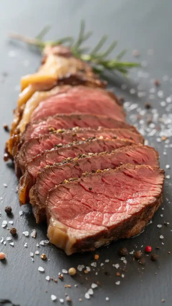 "A close-up of a sliced air fryer steak, showing a perfect edge-to-edge medium-rare pink center and a dark crust."
