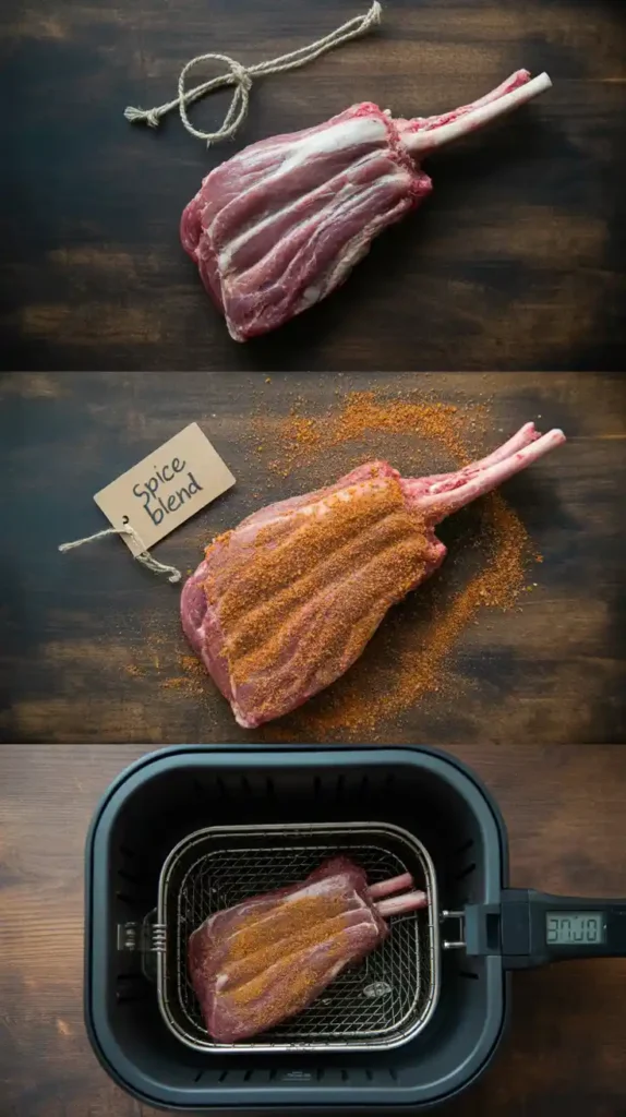 A collage showing the process of cooking venison backstrap: the raw loin, the seasoned loin, and checking the temperature in the air fryer.