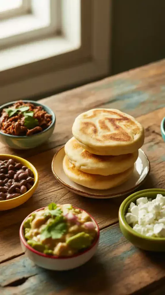 A flat lay collage showing a variety of delicious fillings for arepas, such as shredded beef, black beans, chicken salad, and cheese.