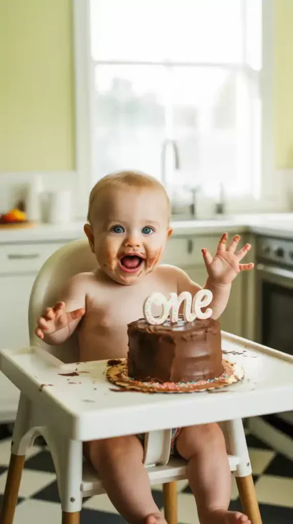 An adorable baby sitting in a high chair happily smashing a small first birthday cake.