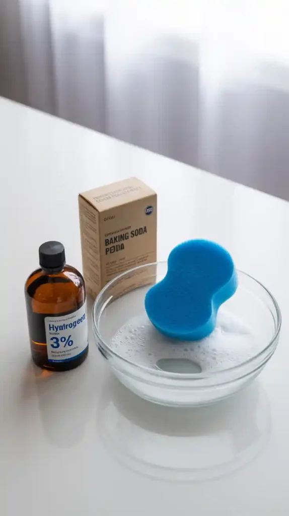A flat lay collage showing the simple ingredients for cleaning baking sheets: a box of baking soda, a bottle of hydrogen peroxide, and a sponge.
