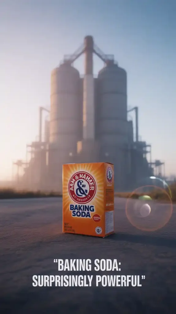 "A humorous image contrasting a huge industrial chemical plant with a small, familiar box of baking soda."