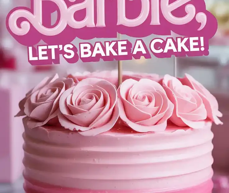 A Pinterest pin with the text "Come on Barbie, Let's Bake a Cake!" over a photo of a glamorous, sparkling pink Barbie theme cake.