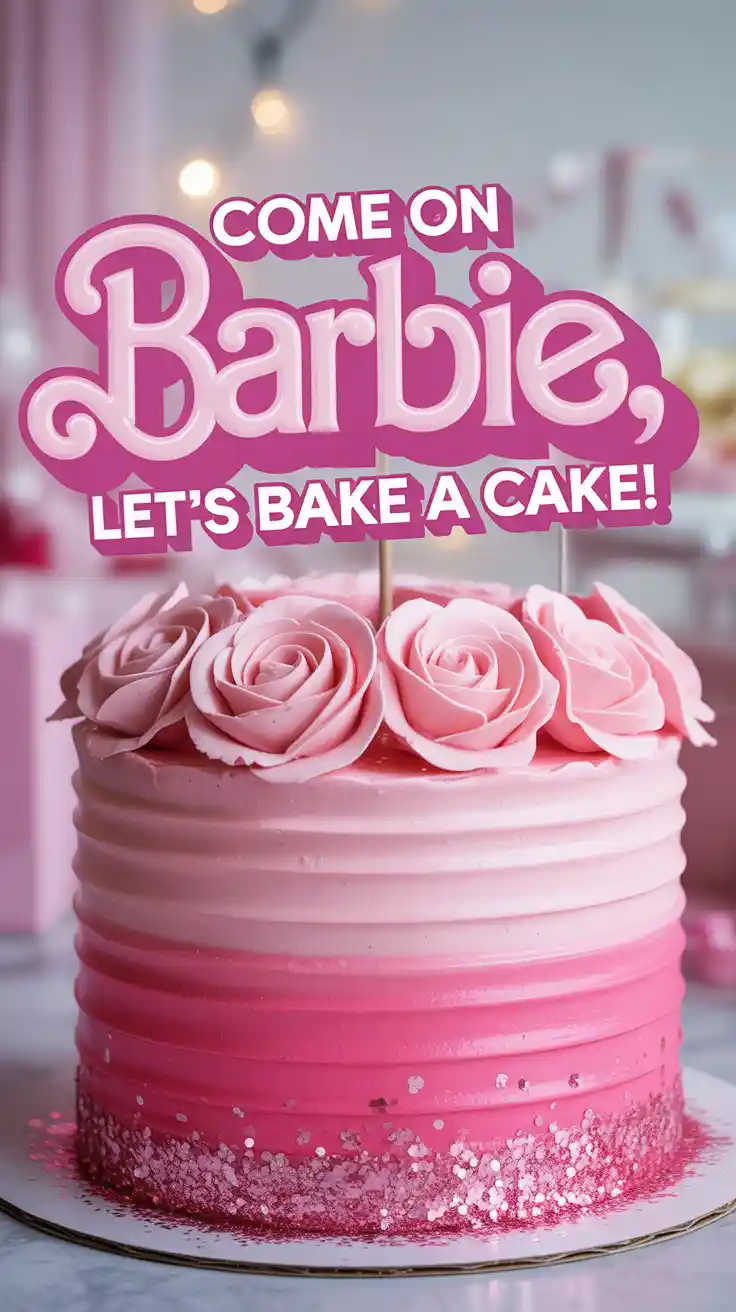 A Pinterest pin with the text "Come on Barbie, Let's Bake a Cake!" over a photo of a glamorous, sparkling pink Barbie theme cake.