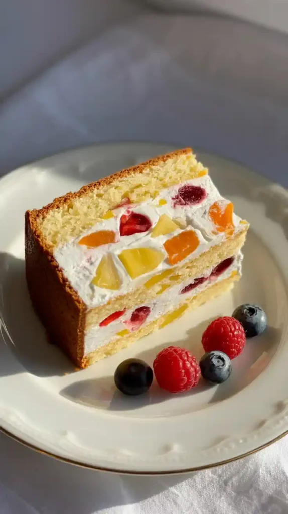 A close-up image of a perfect slice of fresh fruit cake, showing the light sponge layers and whipped cream filling."