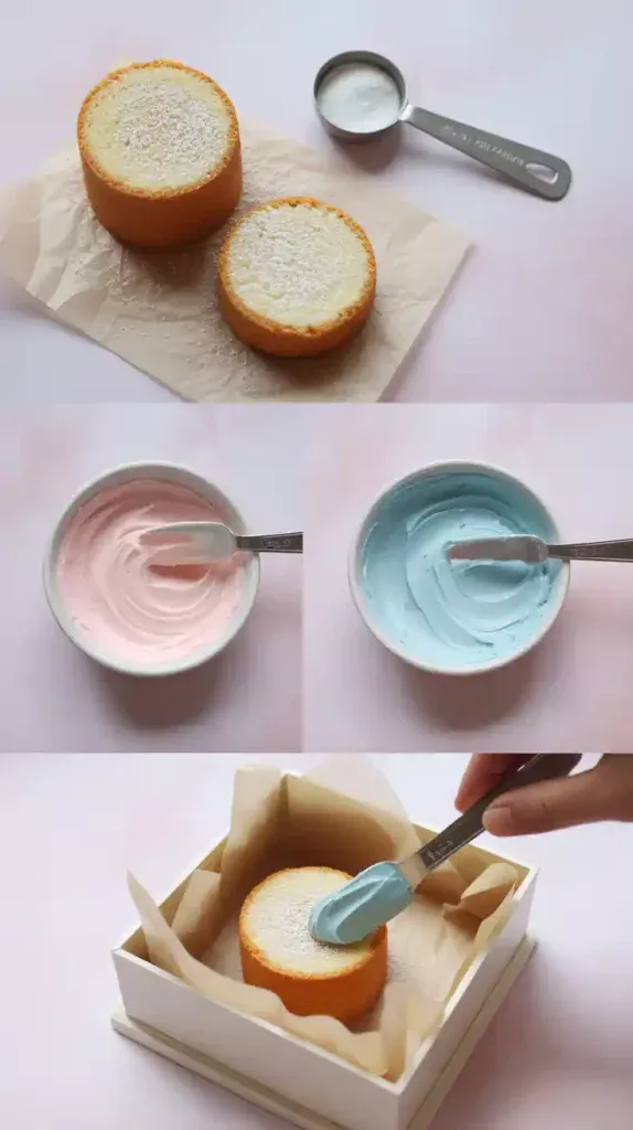 A collage showing the process of making a bento box cake: the small cake layers, the pastel frosting, and placing the finished cake in a box.