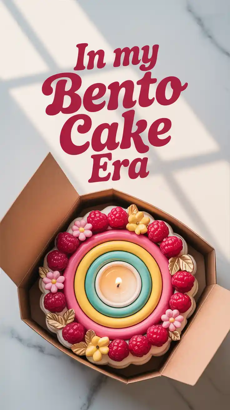 A Pinterest pin with the text "In My Bento Cake Era" over a photo of a cute, pastel-colored bento cake in a takeout box.