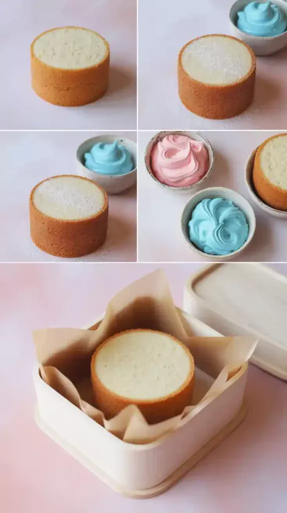 A collage showing the process of making a bento cake: the small cake layers, the pastel frosting, and placing the finished cake in a box.