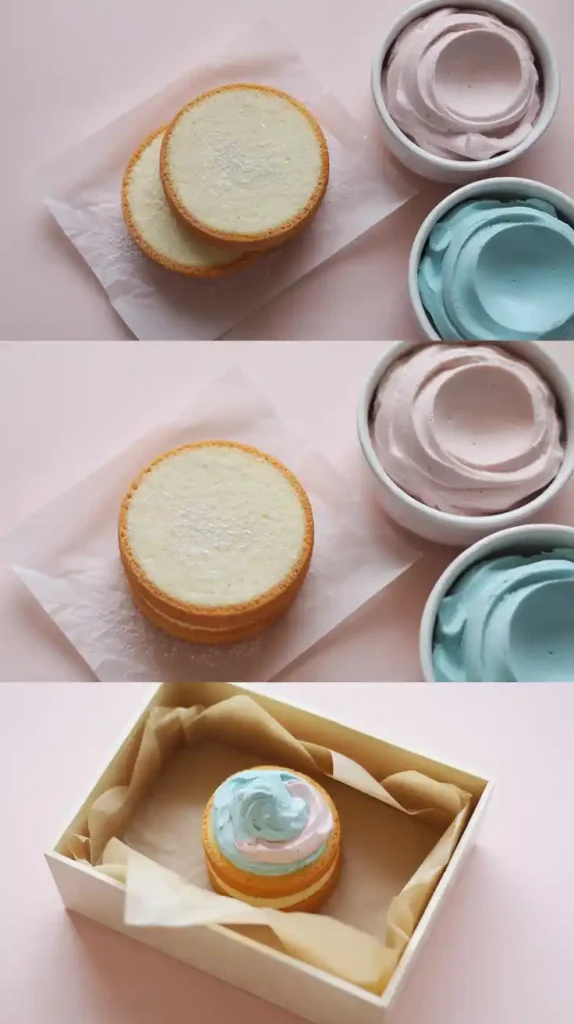 A collage showing the process of making a bento cake: the small cake layers, the pastel frosting, and placing the finished cake in a box.