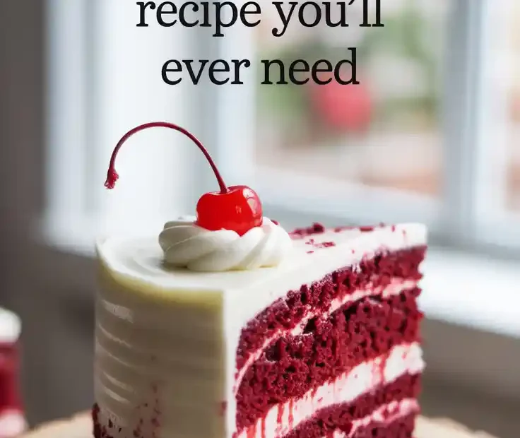 Pinterest pin with the text "The Only Red Velvet Recipe You'll Ever Need" over a photo of a perfect slice of red velvet cake.