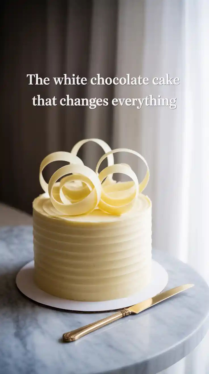 A Pinterest pin with the text "The White Chocolate Cake That Changes Everything" over a photo of an elegant, finished white chocolate cake.