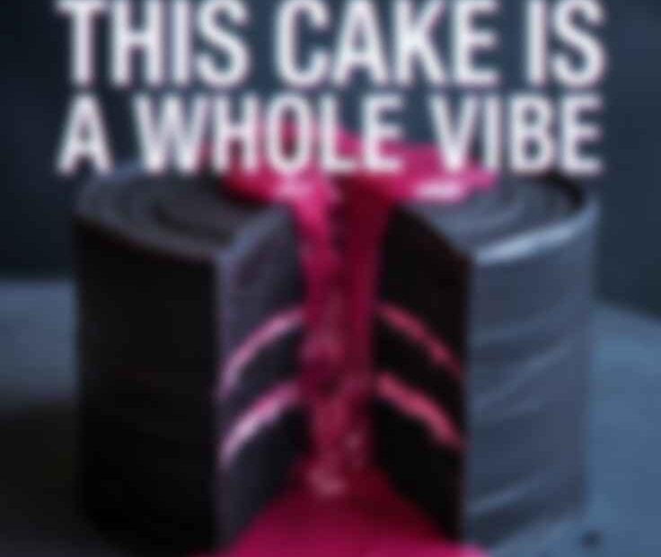 A Pinterest pin with the text "This Cake is a Whole Vibe" over a photo of a dramatic, black "bleeding" cake inspired by Billie Eilish