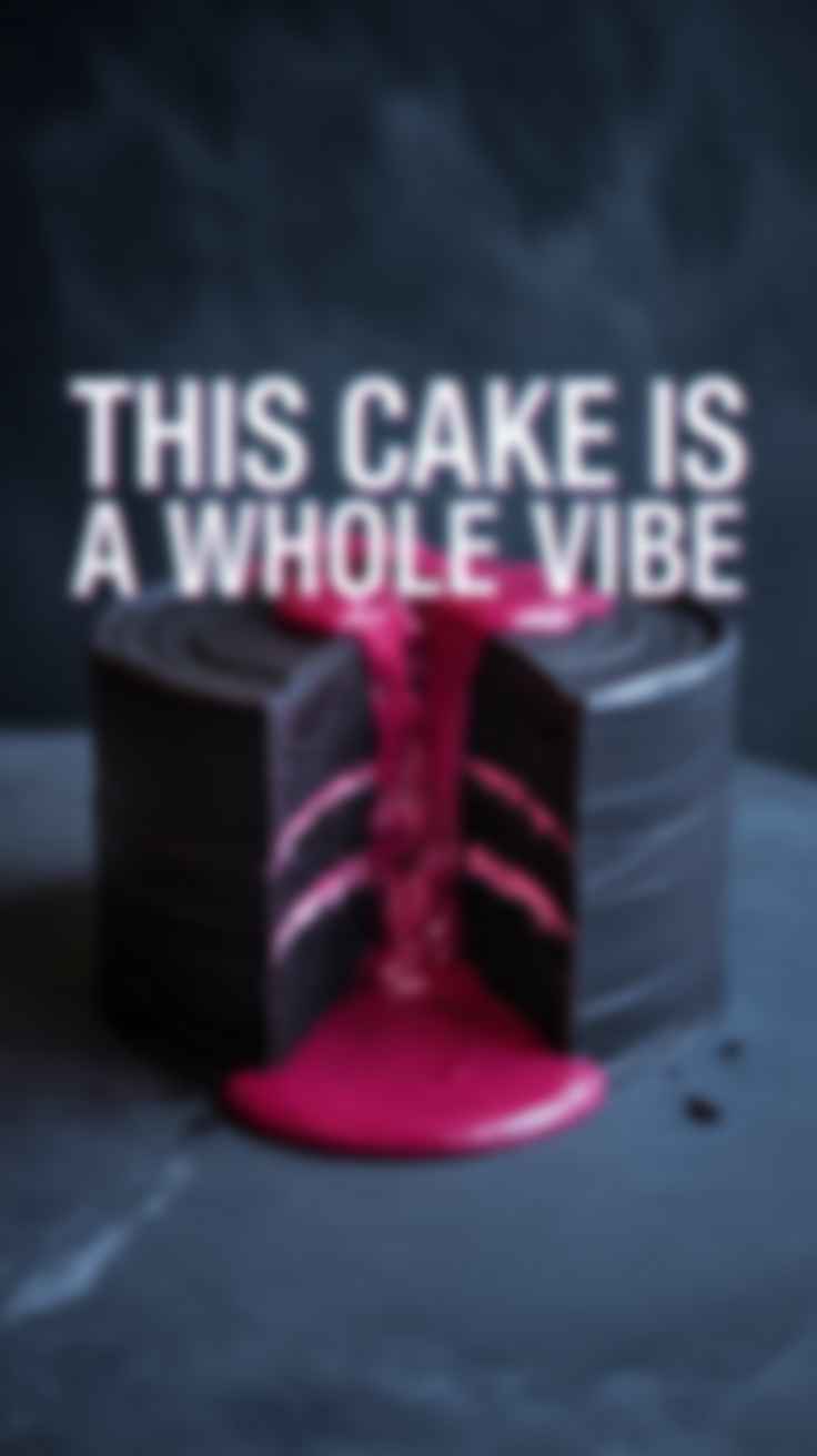 A Pinterest pin with the text "This Cake is a Whole Vibe" over a photo of a dramatic, black "bleeding" cake inspired by Billie Eilish