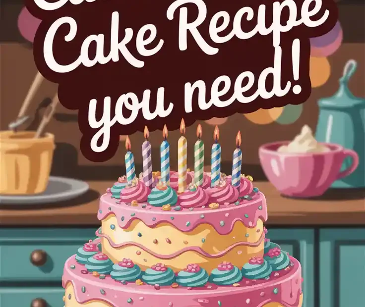 A Pinterest pin with the text "The Only CALORIE-FREE Cake Recipe You Need!" over a photo of a cute, colorful drawing of a birthday cake.
