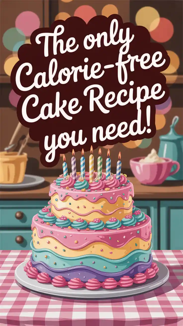 A Pinterest pin with the text "The Only CALORIE-FREE Cake Recipe You Need!" over a photo of a cute, colorful drawing of a birthday cake.
