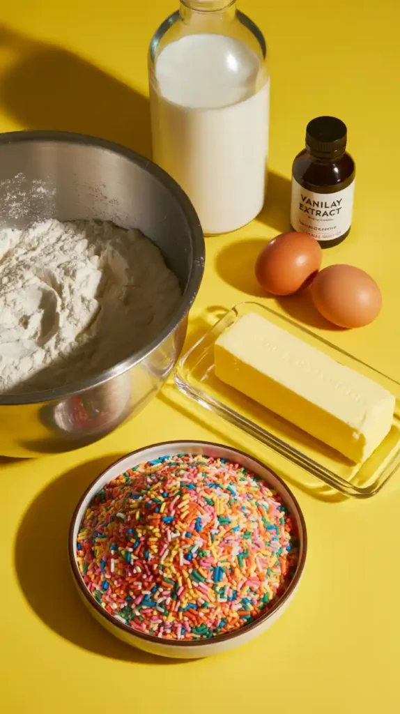 A flat lay of ingredients for a funfetti birthday cake, including flour, butter, sugar, and a large bowl of rainbow sprinkles