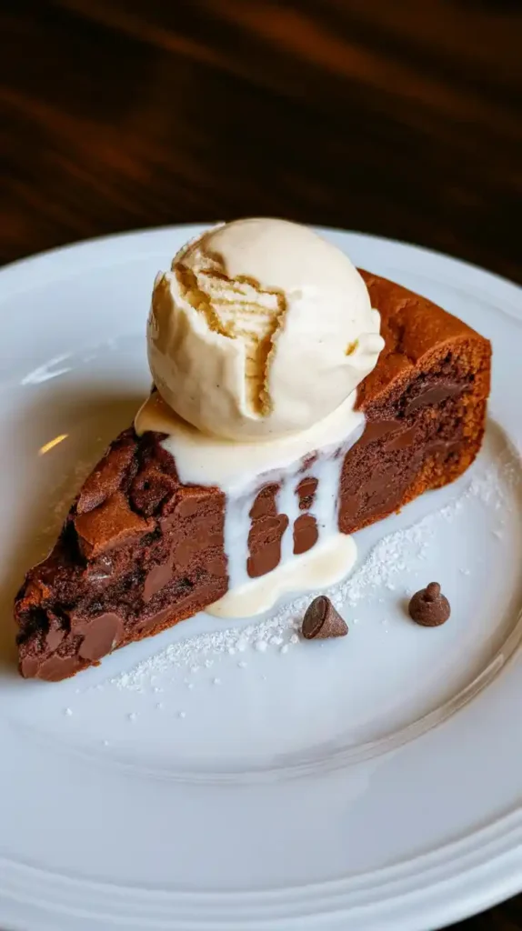"A close-up of a slice of chewy chocolate chip cookie cake with a scoop of melting vanilla ice cream on top."