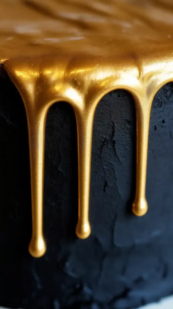 "A close-up macro shot of the shimmering, perfect golden drips on the side of a black 50th birthday cake."