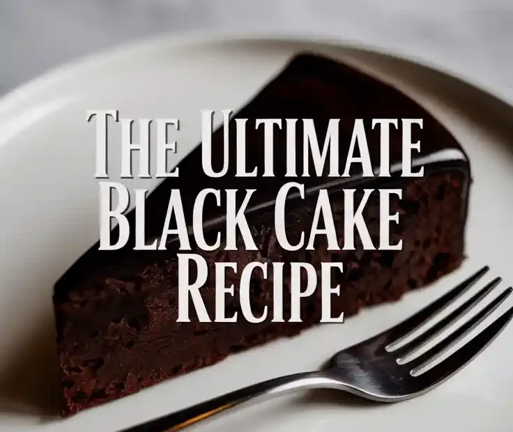 A Pinterest pin showing a slice of black birthday cake with text that reads "The Ultimate Black Cake Recipe."