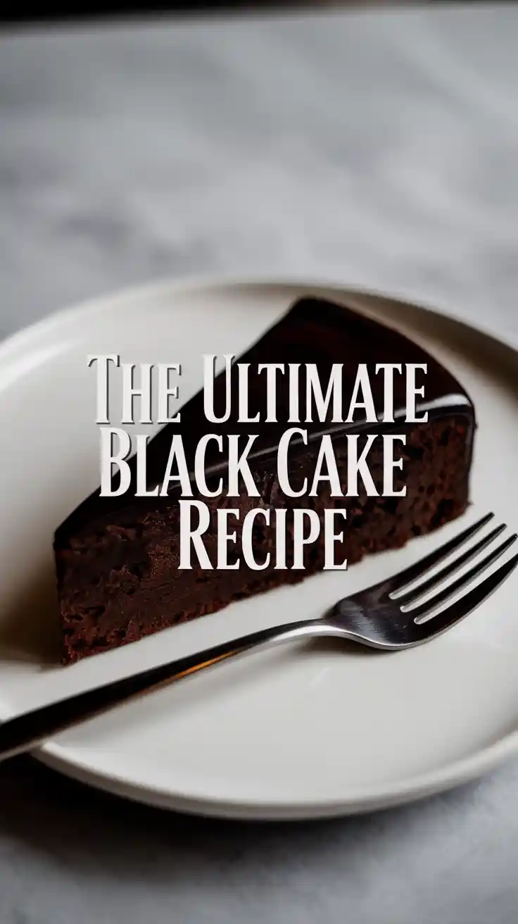 A Pinterest pin showing a slice of black birthday cake with text that reads "The Ultimate Black Cake Recipe."