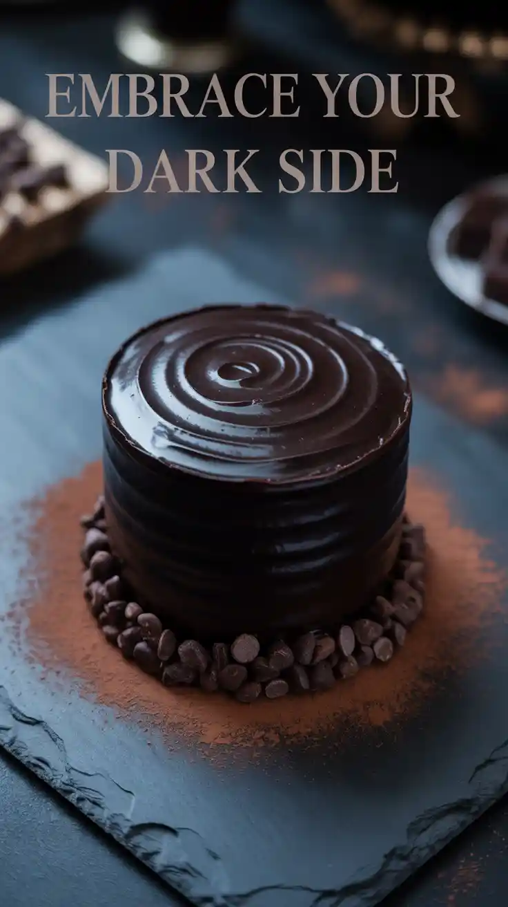 A Pinterest pin with the text "Embrace Your Dark Side" over a photo of a dramatic, minimalist all-black cake.