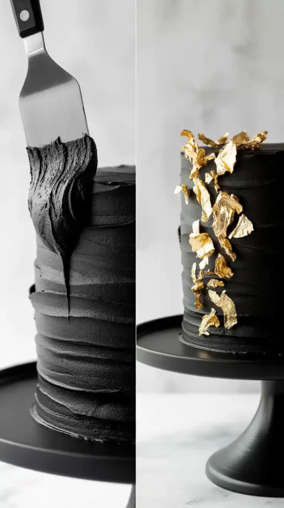  A side-by-side photo showing the process of frosting a black cake and the finished cake decorated with elegant gold leaf.