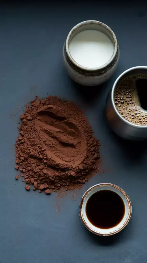  A moody flat lay of ingredients for a black birthday cake, including black cocoa powder, coffee, and buttermilk on a slate background.