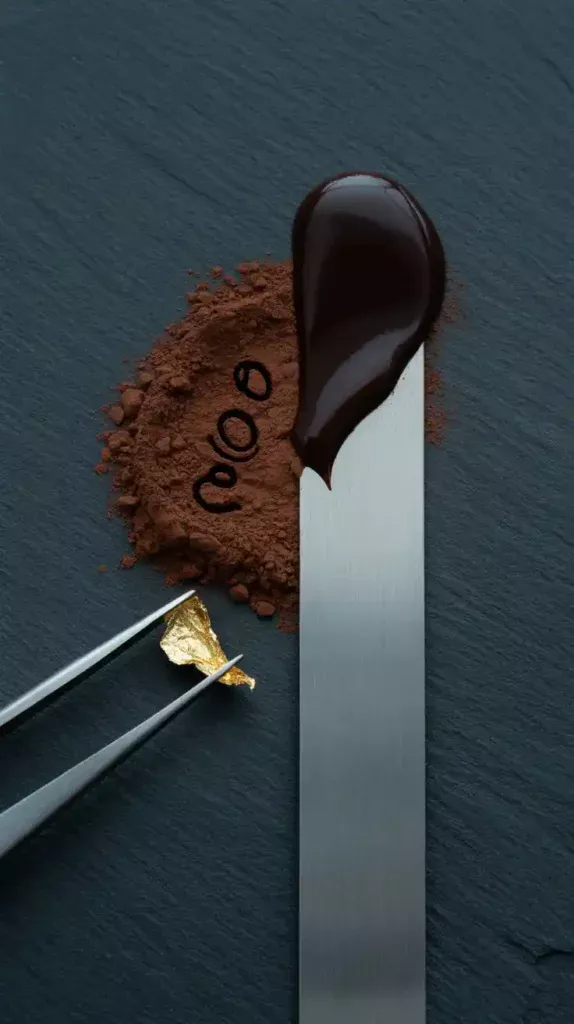 A flat lay collage showing the key elements for a black cake aesthetic: black cocoa powder, edible gold leaf, and a bench scraper.