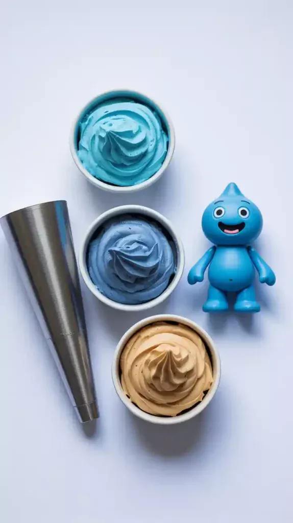 A flat lay collage showing the bowls of colored frosting, a piping bag, and a Bluey figurine needed to decorate a Bluey themed cake.

