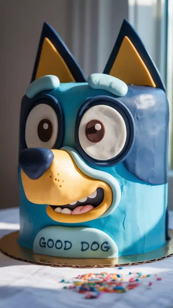 An overhead shot of a round birthday cake decorated to look exactly like Bluey's face.