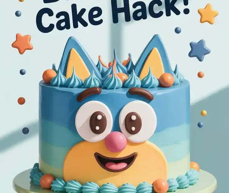 A Pinterest pin with the text "The Easiest Bluey Cake HACK!" over a photo of a fun and colorful birthday cake decorated to look like Bluey's face.