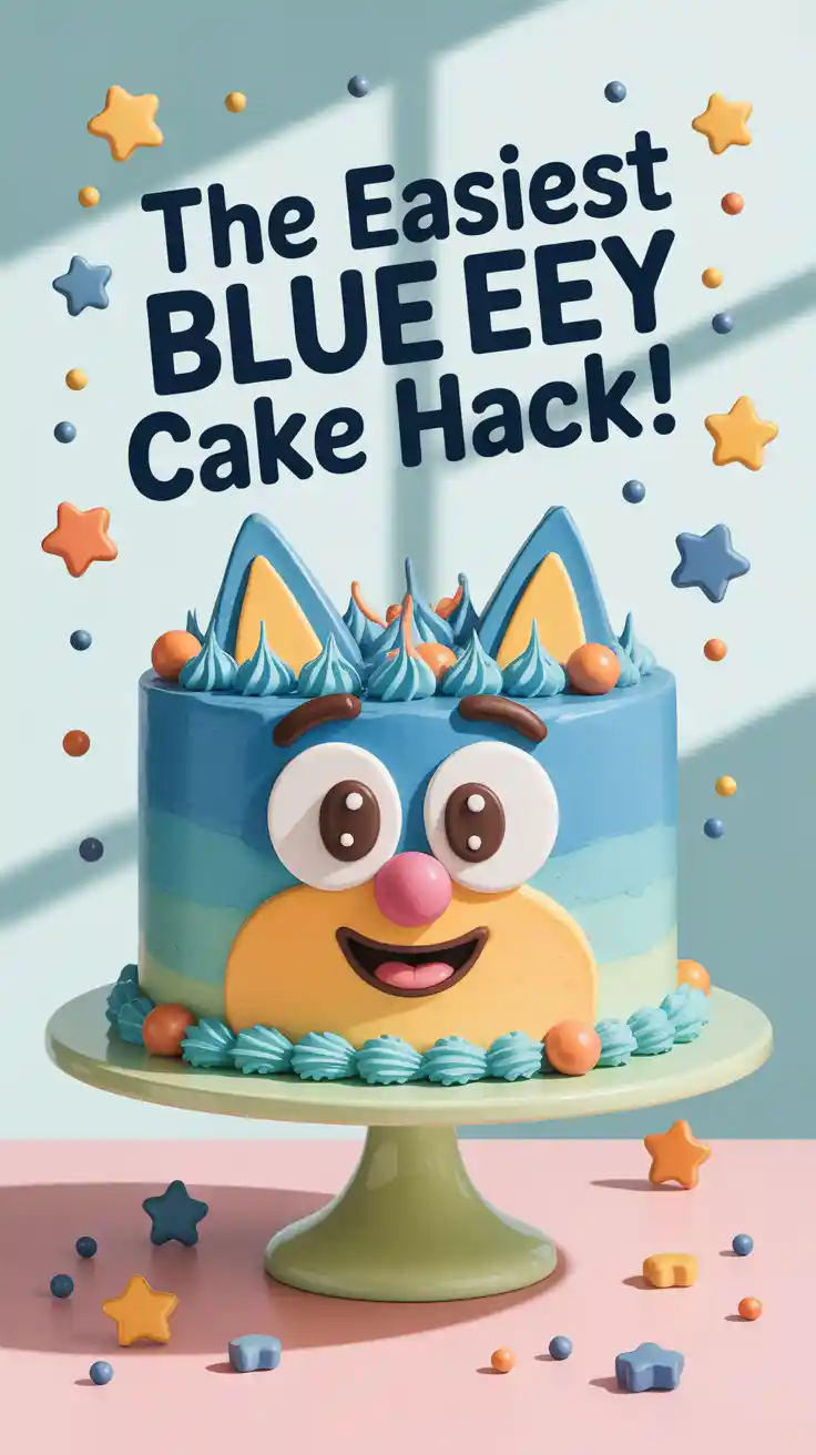 A Pinterest pin with the text "The Easiest Bluey Cake HACK!" over a photo of a fun and colorful birthday cake decorated to look like Bluey's face.