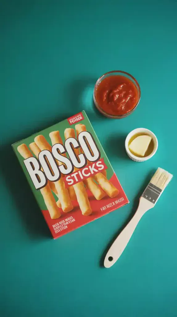 A flat lay collage showing a box of frozen Bosco Sticks, a bowl of marinara sauce, and a bowl of melted garlic butter.