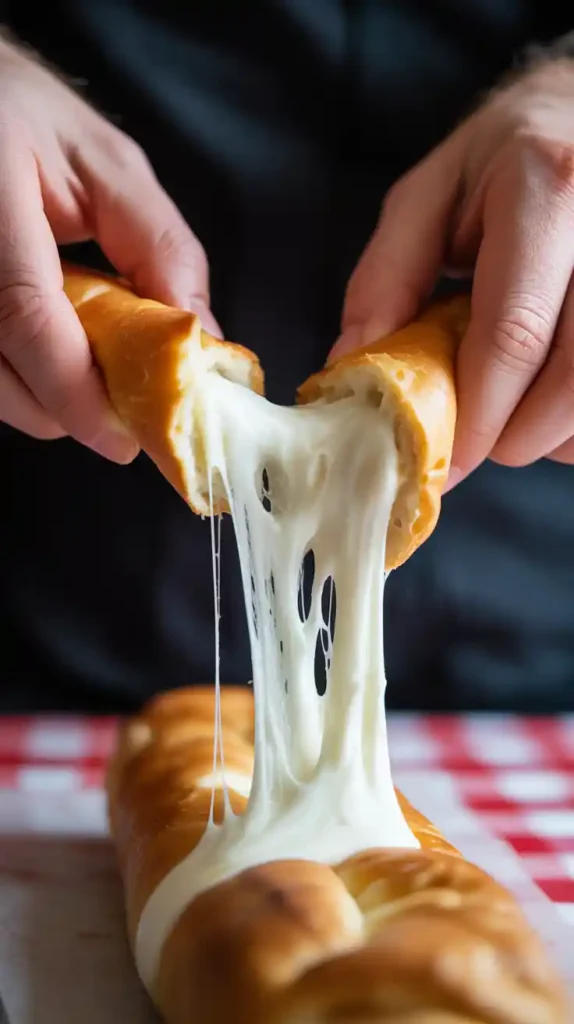 "A close-up action shot of hands pulling apart a Bosco Stick, creating a long, gooey mozzarella cheese pull."