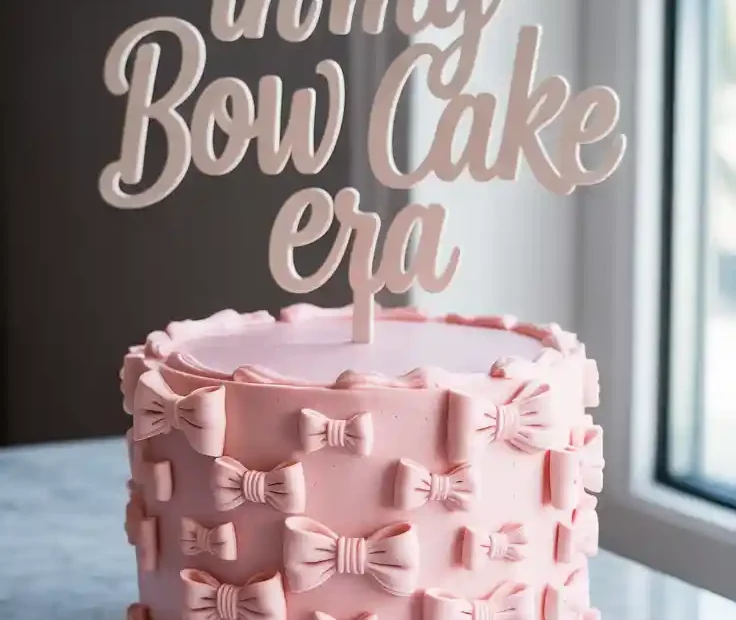A Pinterest pin with the text "In My Bow Cake Era" over a photo of a beautiful birthday cake decorated with piped buttercream bows.