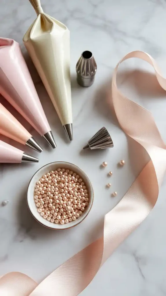 A flat lay collage showing the essential tools for a bow cake: piping bags with petal and round tips, and a silk ribbon.