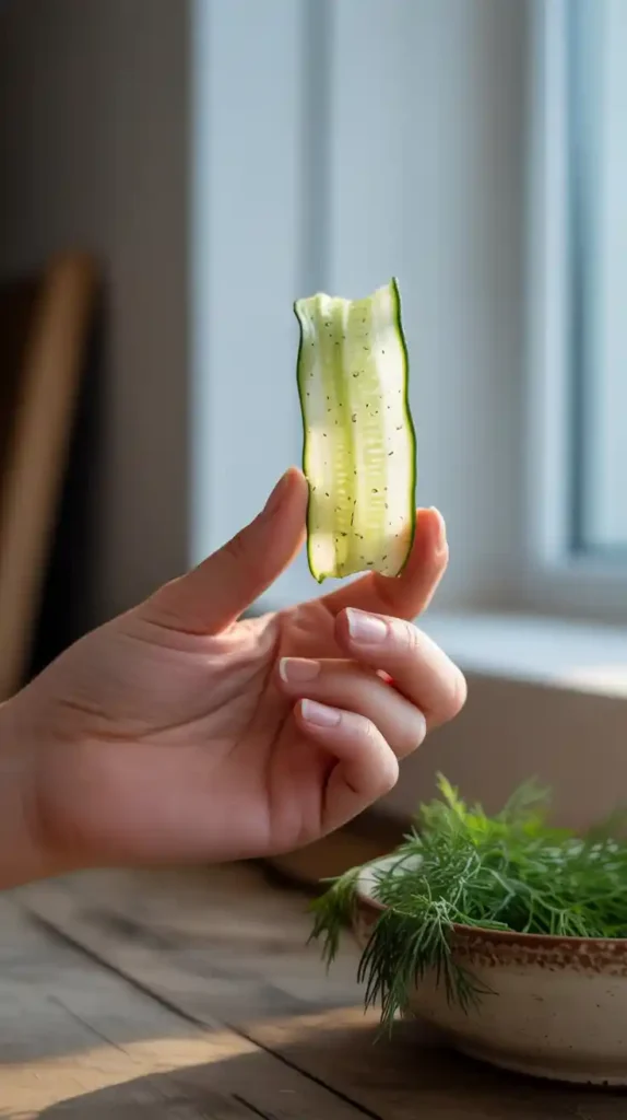 "A close-up image of a hand holding a single, thin, and crispy air-fried cucumber chip up to the light."