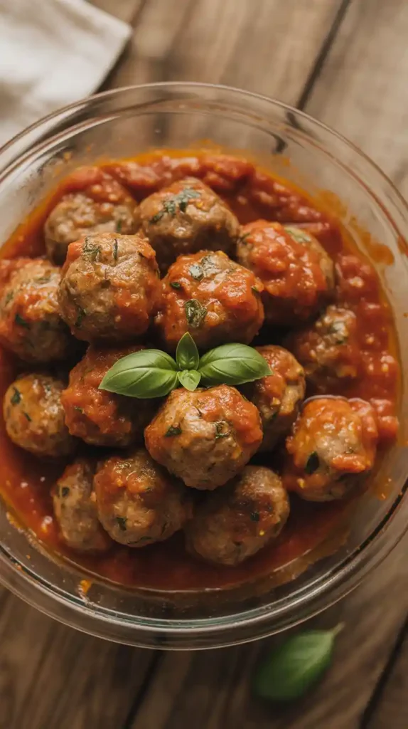 A close-up action shot of cooked air fryer meatballs being tossed in a bowl with marinara sauce."